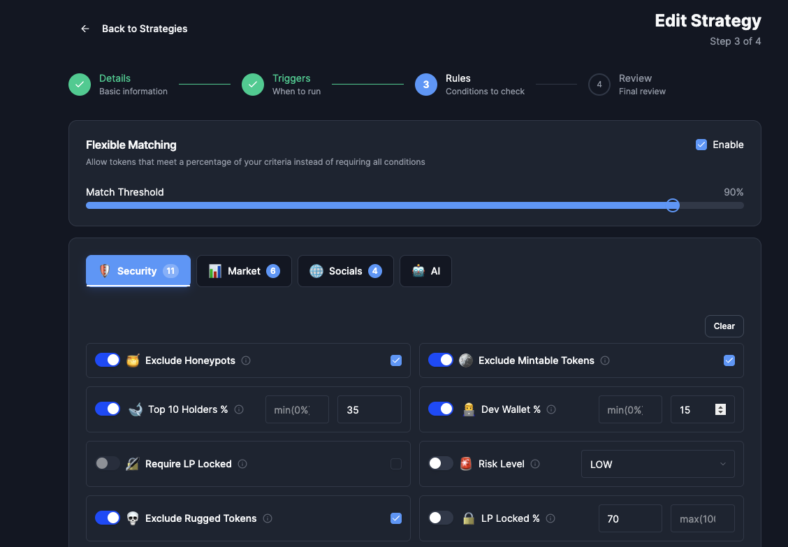 Strategy rule builder with security filters, thresholds, and exclusions